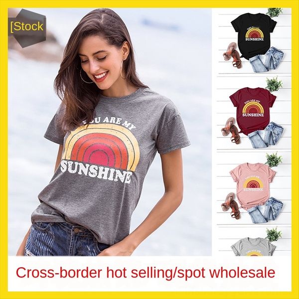 

women's casual loose you are my sunshine letter short-sleeved t-shirt women's casual loose you are my sunshine letter short-sleeve, White