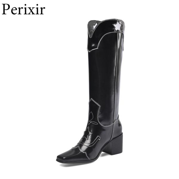 

fashion genuine leather knee high boots women star western boots rubber sole spring/autumn boot woman party shoes plus size, Black