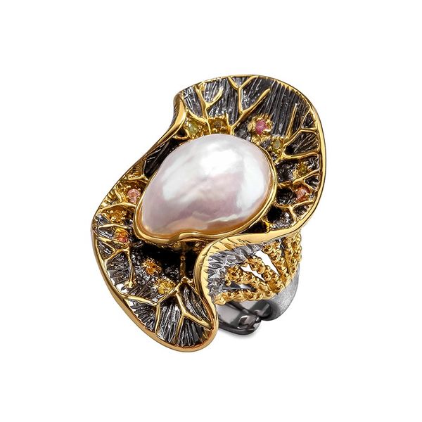 

jewelry baroque pearl ring original design italian handicraft banquet temperament flower shape double color s925 jewelry, Golden;silver