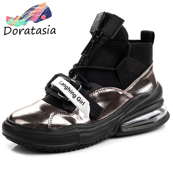 

doratasia new fashion women's genuine leather sneakers zip cross tied flat platform shoes woman casual soft flats, Black