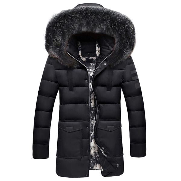 

tide tide thick jacket men winter medium length zipper thickened hat removable cotton outwear coat man winter parkas, Black