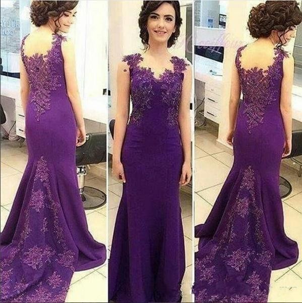 2020 Nova Roxo Sereia Mãe Dos Vestidos de Noiva V Neck Lace Apliques Frisado Sexy Sheer Voltar Cetim Trem Da Varredura Desgaste da Noite Vestidos de Baile