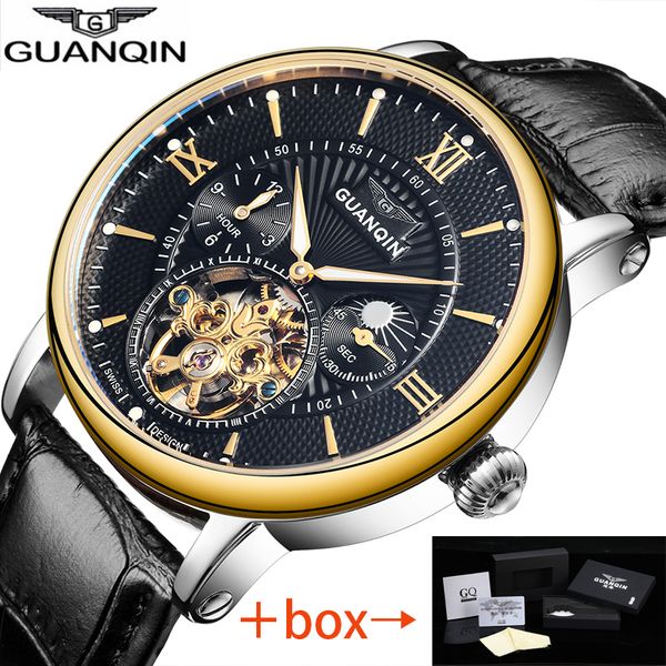 

relogio masculino guanqin automatic tourbillon men mechanical watch golden brand luxury leather skeleton wristwatch 16036 d c19010401, Slivery;brown