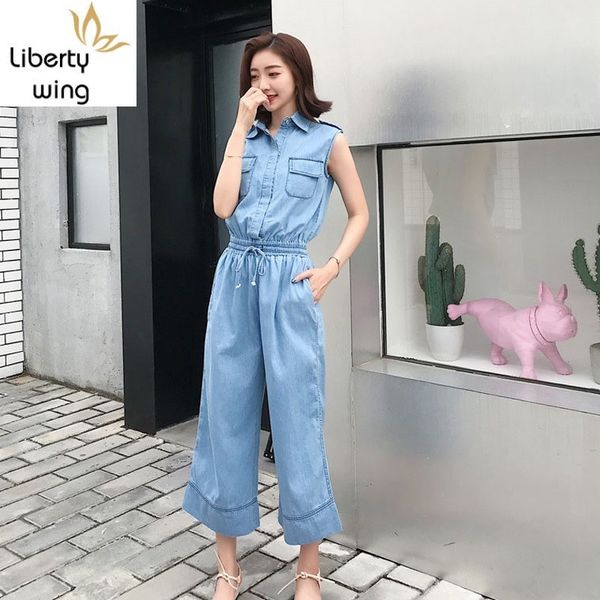 

2020 new elastic ankle length wide leg pants women summer denim overalls elegant high waist office ladies cotton jumpsuit, Blue