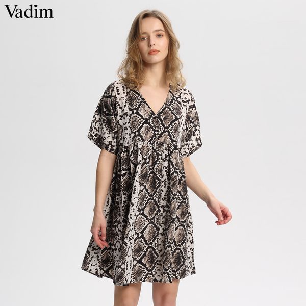 

vadim women stylish snake print mini dress v neck short sleeve straight pleated female casual loose cute dresses vestidos qa535, Black;gray