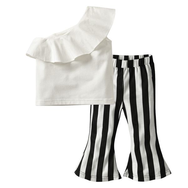 

New Style Kid Girl Summer Clothes Baby Girl Ruffle One Shoulder Tops Stripe Flare Long Pants Toddler Children Outfit Clothes Set