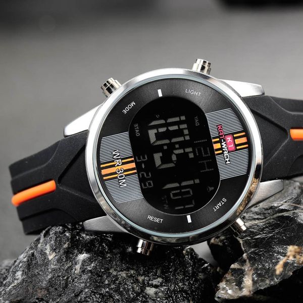 

kat-wach brand quartz mens watches led digital watch montre homme men clock waterproof silicone strap sport watch outdoor 2019, Slivery;brown
