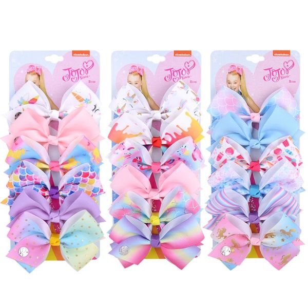 

6 pcs/set jojo siwa jojo bows hair bows with clips for baby girls unicorn printed knot ribbon bow hair clip accessories, Slivery;white