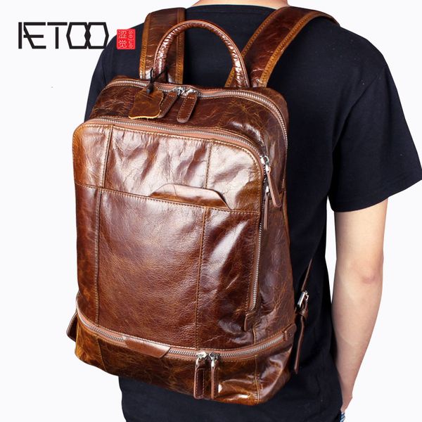 

aetoo oil wax belt shoulder leather genuine male cowboy backpack casual retro travel bag computer bag tide