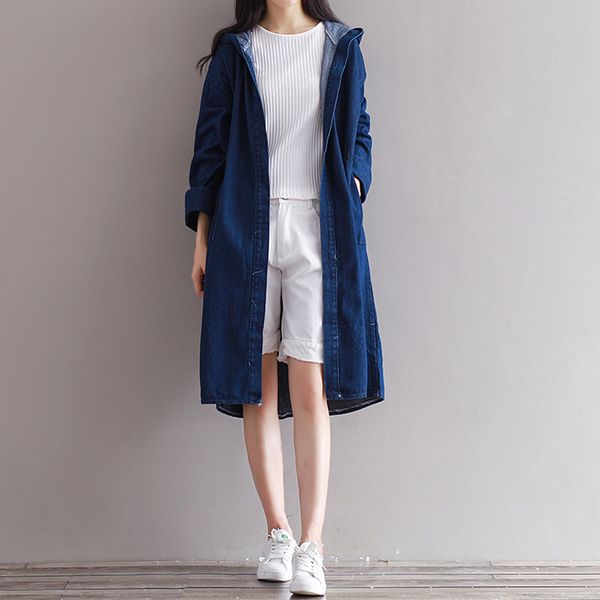 

ewq] 2019 autumn new pattern office lady style full sleeve solid loose mid length covered button hooded collar windbreak af831, Tan;black