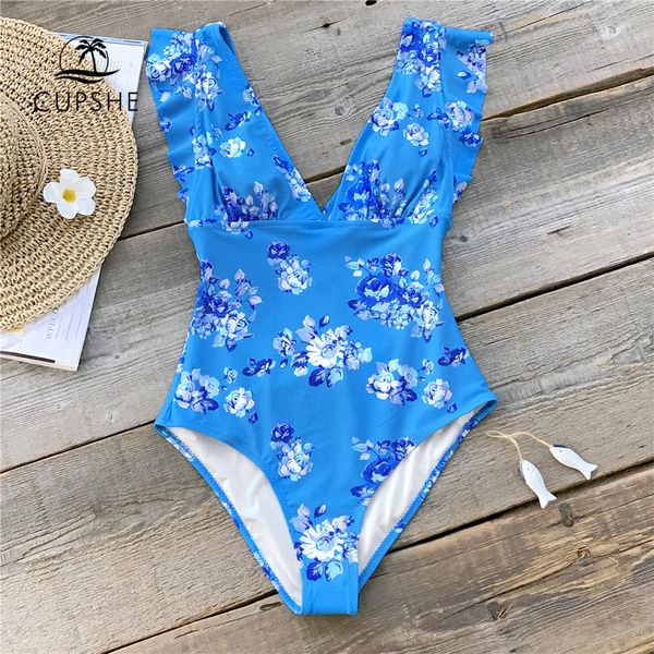 

cupshe elegant blue floral print one-piece swimsuit women v-neck ruffle monokini beach bathing suits 2020 girl swimwear, White;black
