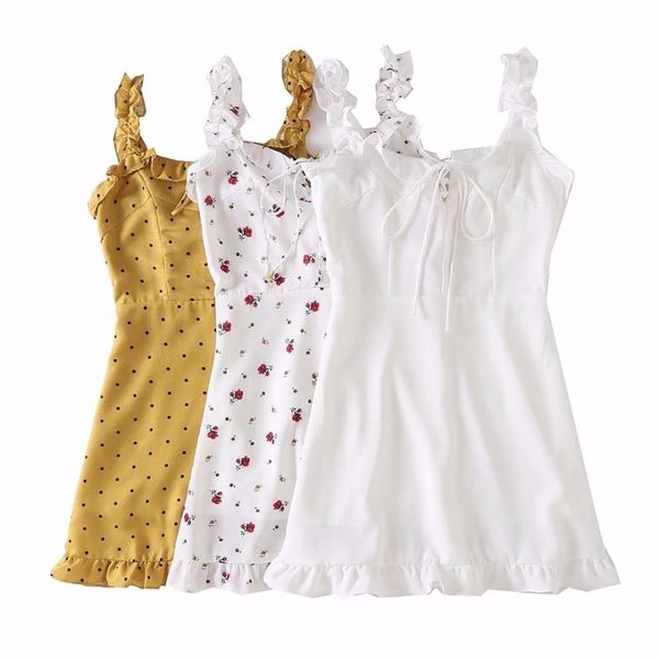 

femme ete 2018 summer women lace up front frill trim cami dress ruffles polka dot mini dress floral print short party dress, Black;gray