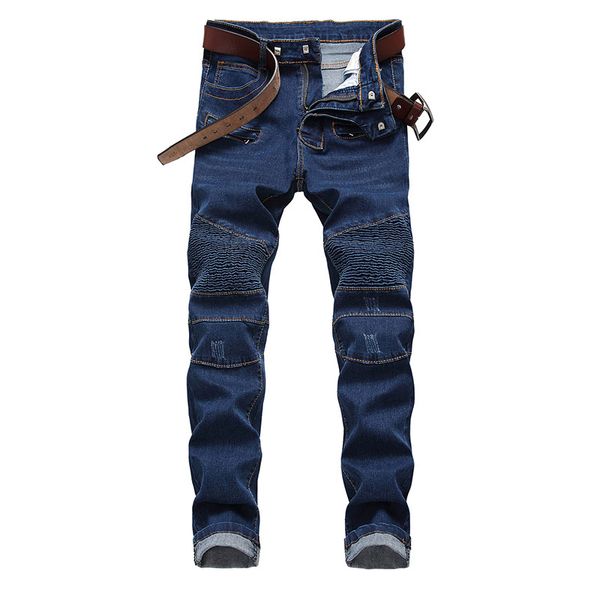 

men biker jeans denim draped panelled pants sctrached fashion washed zipper quality, Blue