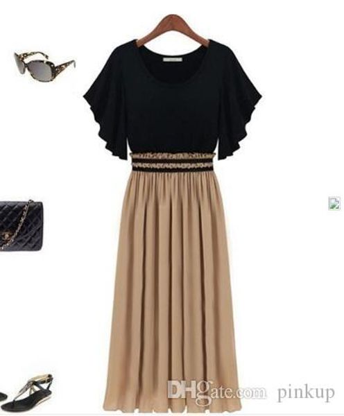 

style new products european-american wind knitted chiffon splicing oversized size women's short sleeve waist slim brand dress., Black;gray