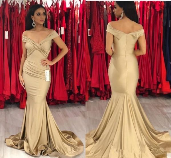 

2019 simple mermaid champagne formal evening dresses long pleats ruched off shoulder satin sweep train zipper back arabic party prom gowns, Black;red