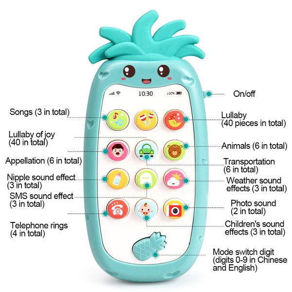 

pineapple shape simulated mobile phone bilingual musical led kids education toy intelligence developmental toys gift for kids