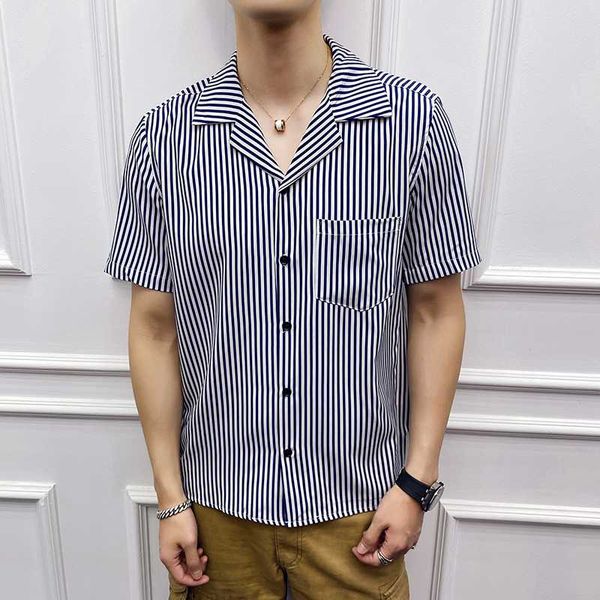 

casual shirts slim fit all match british style striped shirts for men club prom blouse men 2020 summer short sleeve mens l-3xl, White;black