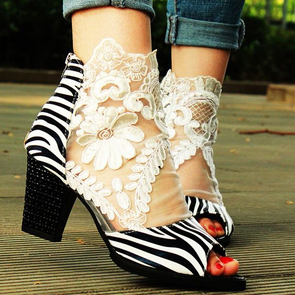 

spring women pumps mesh leather flower high thick heel stripe platform zipper peep toe slip on ladies shoes zapatos de mujer, Black