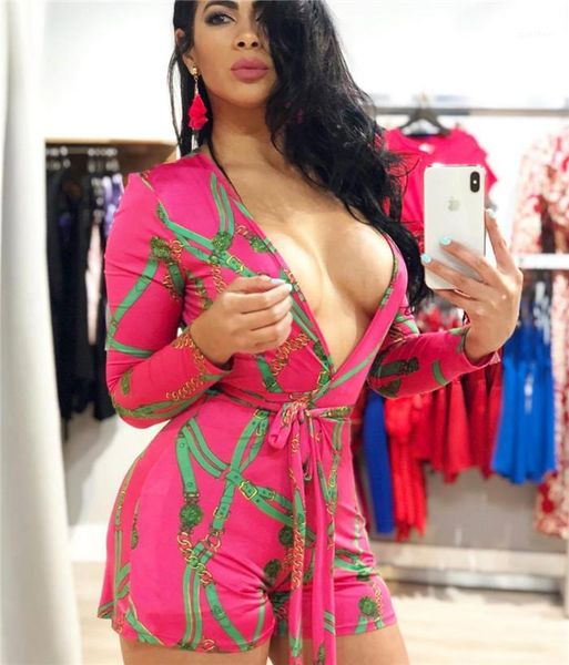 

print jumpsuits summer designer deep v neck sashed pants womens night club clothes females chain froral, Black;white
