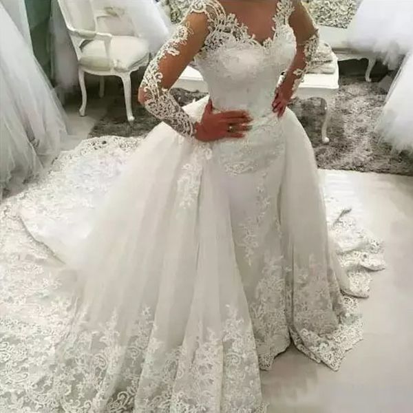 

lace ball gown wedding dresses plus size wedding wear detachable train backless long sleeves bridal gowns for women, White