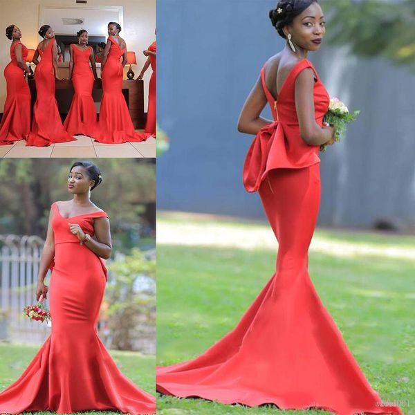 

plus size 2020 red satin african bridesmaid dresses mermaid with bow v neck maid of honor gowns special occasion party guest dress, Black