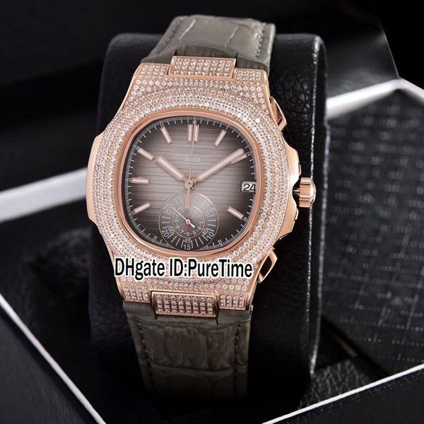 

new nautilus 5980 rose gold diamond case gray texture dial miyota quartz chronograph mens watch gray leather watches satch pb308e5, Slivery;brown