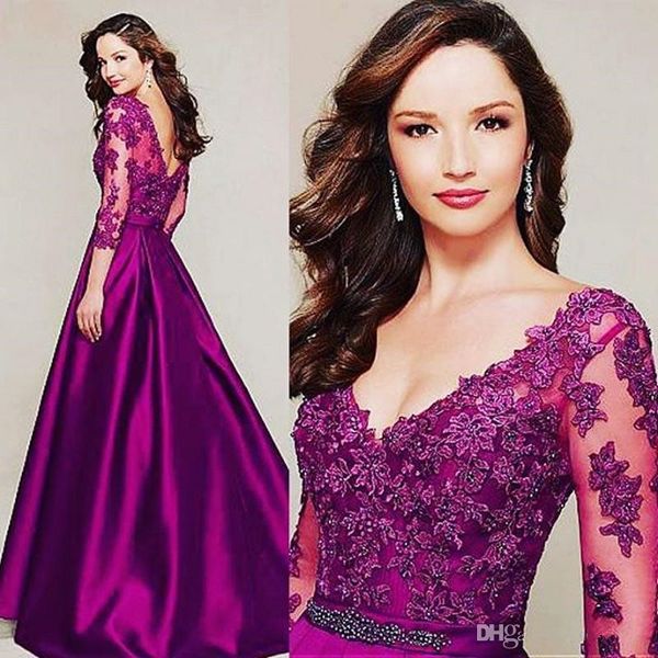 

3/4 Long Sleeves Elegant V Neck Mother of the Bride Party Gowns with Beaded Applique A Line Satin Evening Dresses Formal