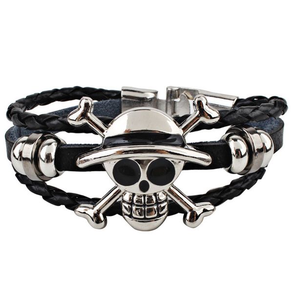 

new multilayer black leather vintage corsair skull bracelet wristband simple jewelry charm bracelet for men punk style, Golden;silver