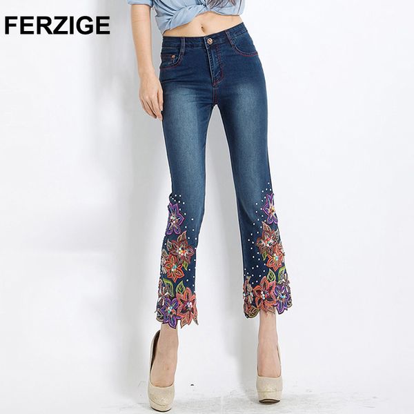 

ferzige women jeans embroidered flares bell bottom high waist woman dark blue stretch slim denim pants hand beads femme mujer 36 y190430