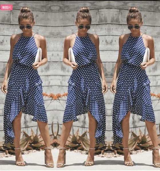 

dot printing ruffles sashes summer dress women vintage halter sleeveless plus size boho dress vadim beach dresses bohemian, Black;gray