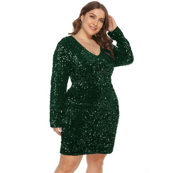 

europe and the night club sequins v-neck long-sleeved skinny hips plus size women's dress, Black;gray