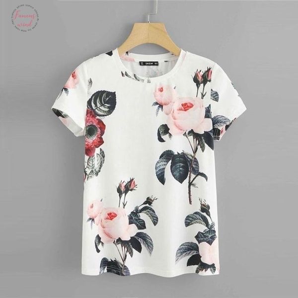 

flower print round neck t shirt women 2019 weekend casual short sleeve summer modal tshirt white going out ladies