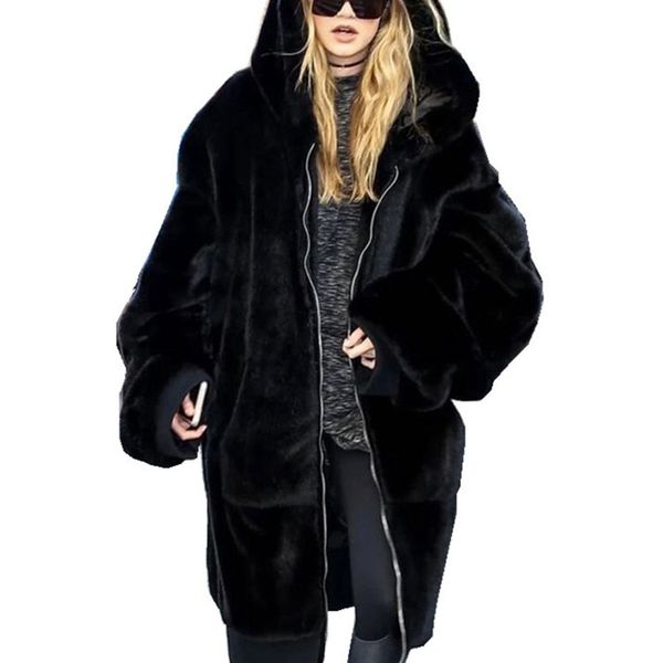 Winter Long Faux Fur Coats Women Fake  Fur Thick Solid Outerwear Female Warm Hooded Jackets 2018 Hot Sale Coats Femme