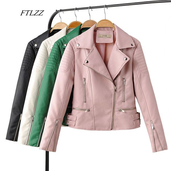 

ftlzz faux soft leather short jacket coats women pu motorcycle leather turndown collar zipper jacket rivet punk street outwear, Black
