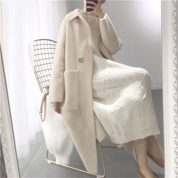 

autumn winter women fashion loose casual oversize sweaters beige cashmere long cardigan jacket chic wool warm knitted coats, White