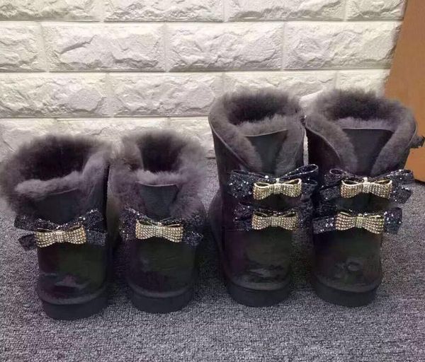 

2019 shipping australia classic new fashion wgg single double diamond snow boots female winter leather bow rhinestone crown warm thick cotto, Black