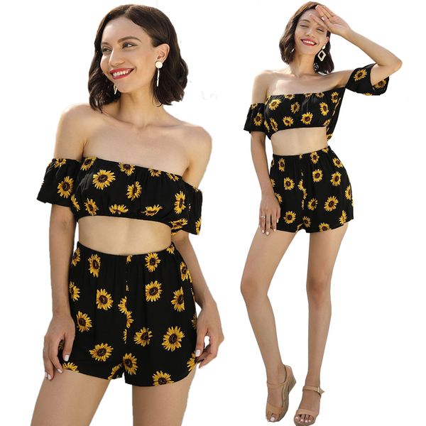 

sun flower floral print short two piece set crop and shorts women 2019 holiday beach sets summer clothes ropa mujer new, White