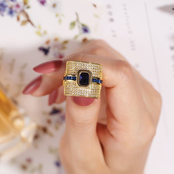 

luxury big palace 925 sterling silver 14k gold plated blue sapphire wedding rings for women engagement bridal jewelry finger, Slivery;golden