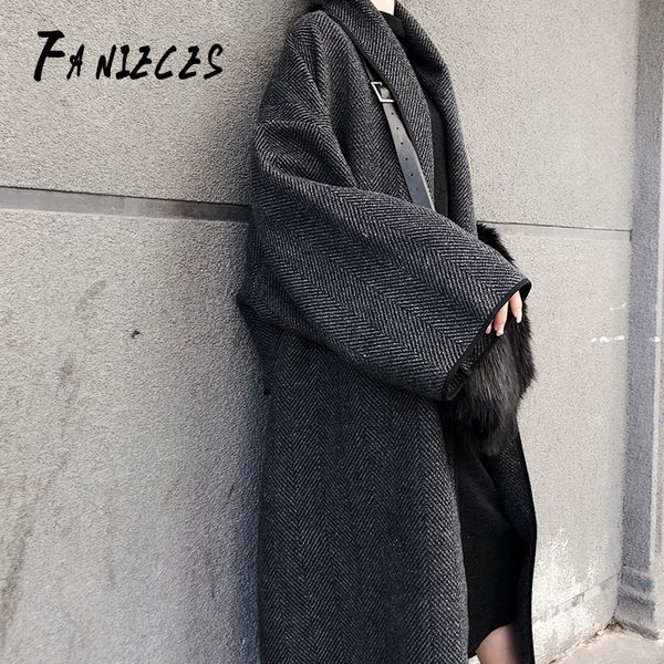 

winter loose women cardigan coats jackets pockets blends office work long coats with gloves lady lapel long sleeve blends mujer, Black