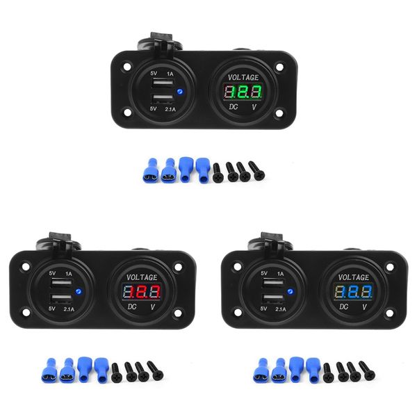 

new 2-in-1 waterproof dc 12v dual usb port power socket+led digital display panel mount car motorcycle charger adapter