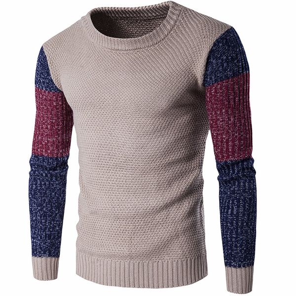 

Men Casual Vintage Patchwork Sweater Long Sleeve O-Neck Navy Khaki Slim Knitted Sweaters Pullovers Jumpers Warm M-2XL