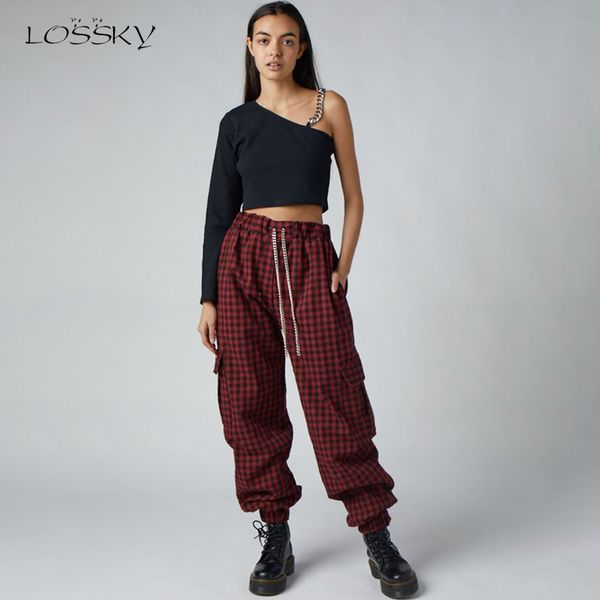 

lossky pants women autumn winter punk plaid streetwear high waist checkered sweatpants long gothic trousers with a chain 2019, Black;white
