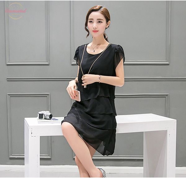

women summer dresses party loose plus size 5xl elegant ladies a line cascading ruffle casual short sleeve o neck chiffon dress, Black;gray
