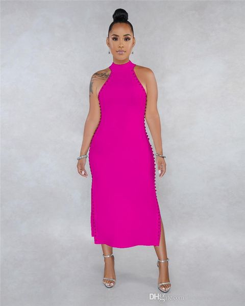 

ladies pure color dress summer designer crew neck women pencil dresses fashion slim female rivet apparel with split, Black;gray