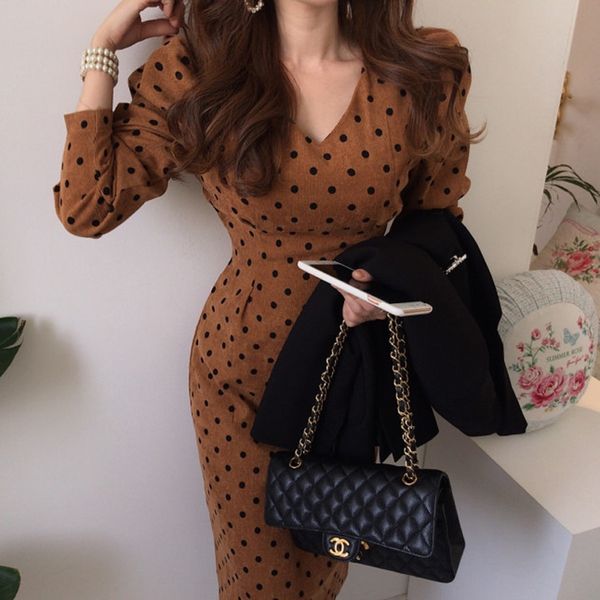 

yamdi midi dress women casual v neck bodycon chic polka dot runway elegant long sleeve high waist spring autumn pencil dress new, Black;gray
