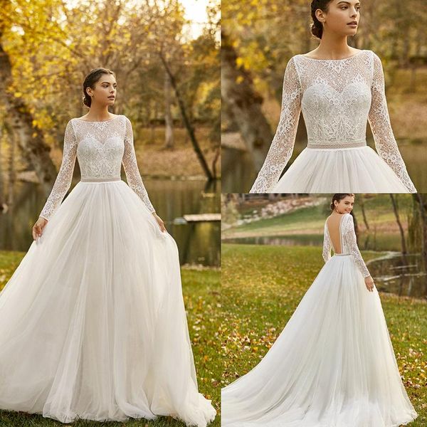 

modest beach boho wedding dress lace o neck long sleeves backless a line tulle wedding dresses bridal gowns robes de, White