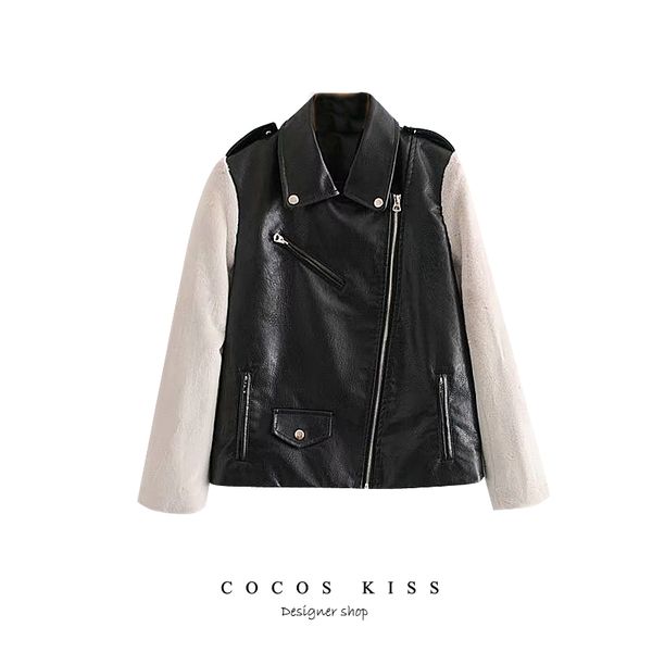 

2018 autumn women slim cool lady faux leather jackets female zipper femme wristband stitching plush outwear coat, Black