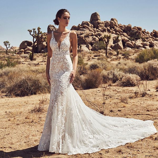 

elegant mermaid lace backless wedding dresses sheer plunging neck sequined bridal gowns sweep train appliqued vestido de novia, White