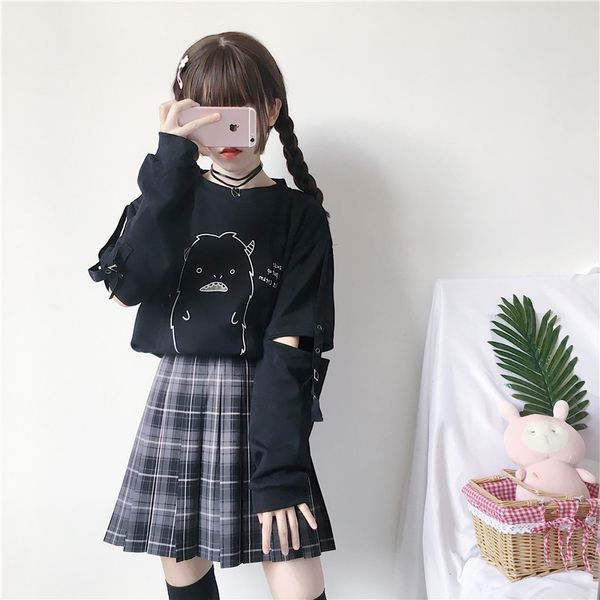

japanese harajuku women black anime kawaii hoodies monster hollow out gothic female pullover cute kawaii girls' halloween top