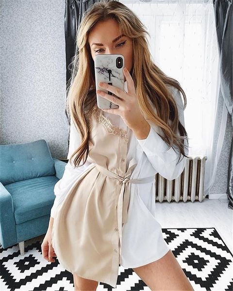 

new arrival women designer dresses fashion lace panelled lapel neck long sleeve shirt dresses 20ss womens dresses, White;black